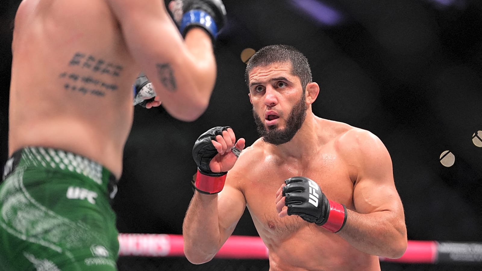 Close up view of the Makhachev stoppage moment after shoulder injury