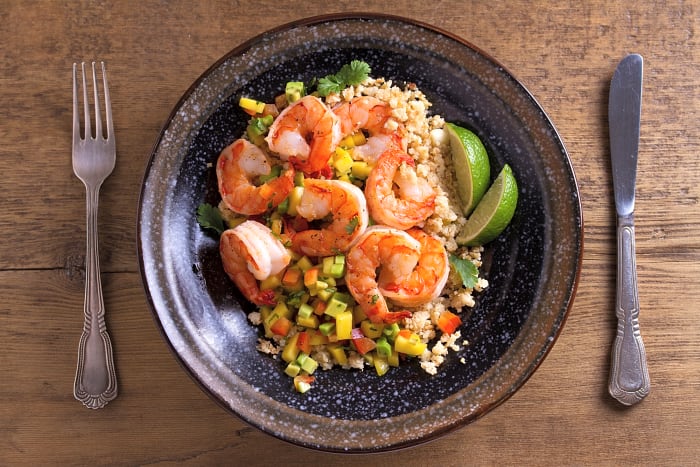 Shrimp, avocado, and mango salsa bowl