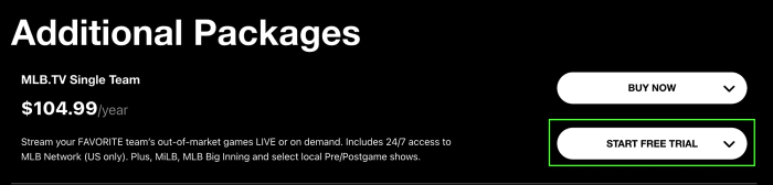 MLB.tv homepage screenshot with the "START FREE TRIAL" verbiage with a green box around it