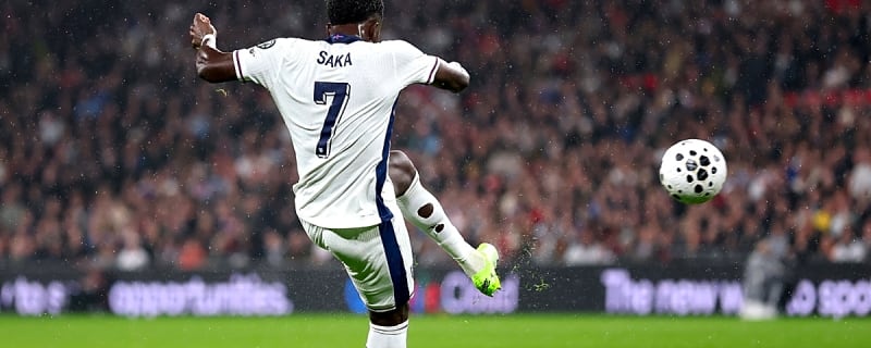 Saka reacts after his goalscoring performance helps England win another game