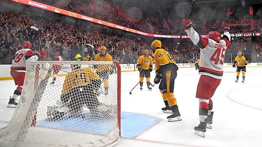 The Hurricanes storm back to stun the Predators, giving the Greensboro crowd a show