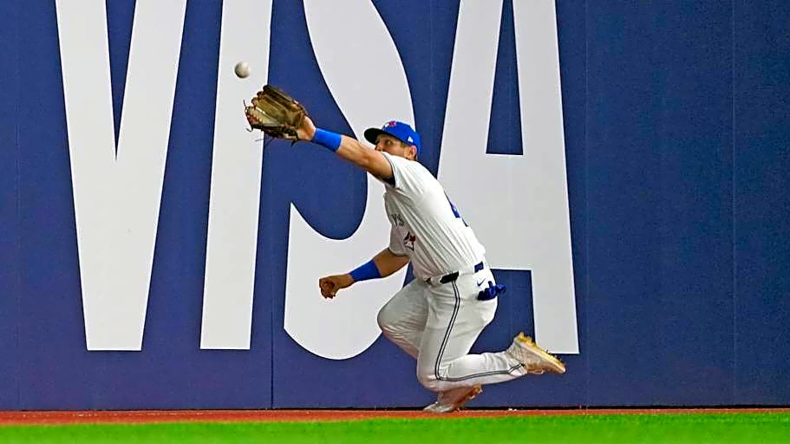 Toronto Blue Jays Center Fielder Daulton Varsho Stumbles Into Wild Highlight Catch