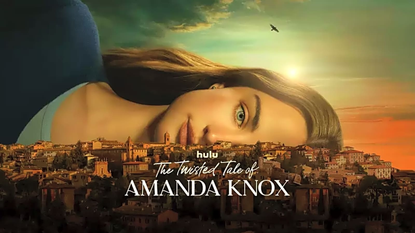 A woman lies on her side, on top of a city with a sunset in the background.