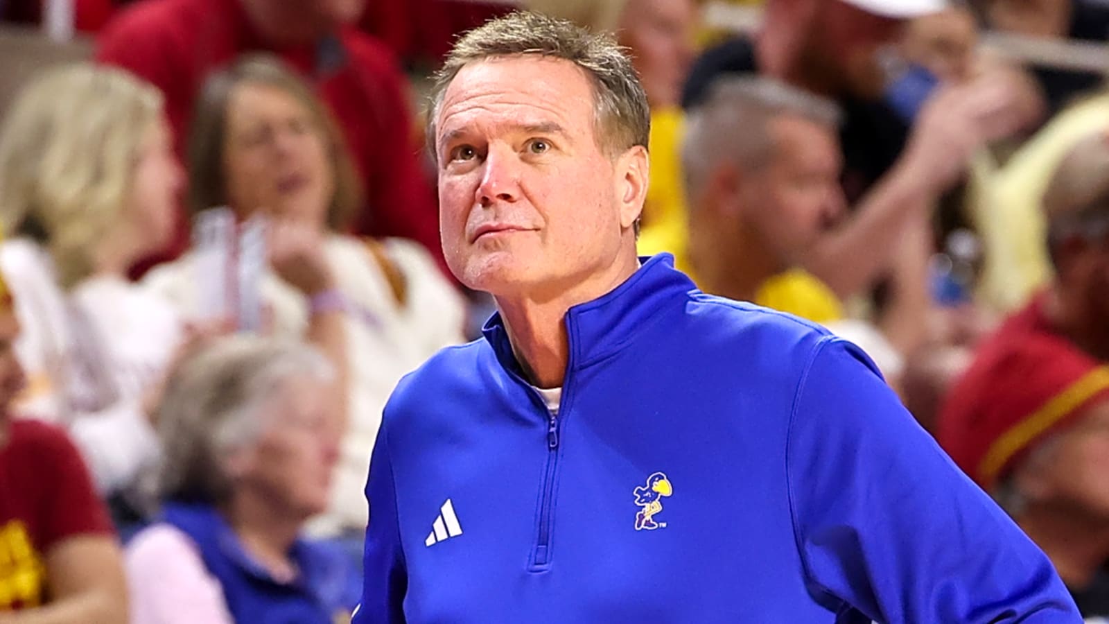 Bill Self reacts after Kansas State coach Jerome Tang was fired for cause