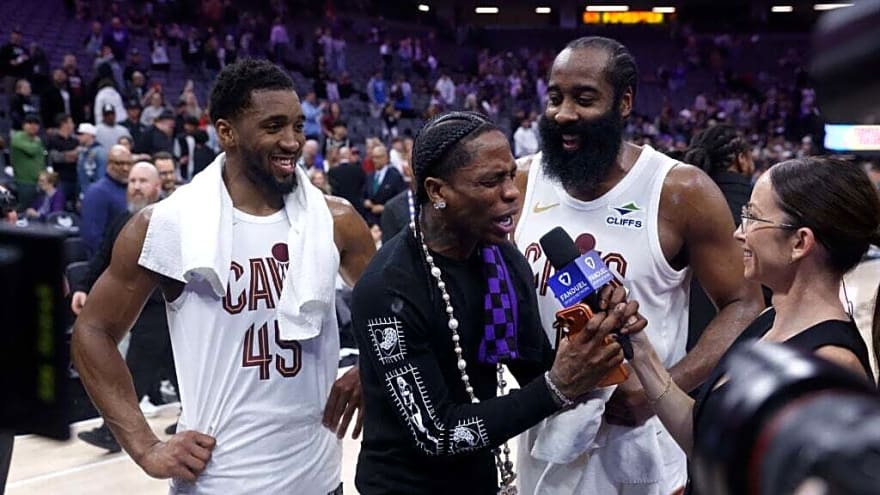 Travis Scott randomly crashes James Harden and Donovan Mitchell’s post-game interview