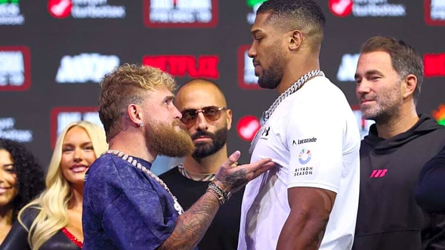 Jake Paul embodies ‘Karen’ in comical Anthony Joshua face-off that makes size difference evident