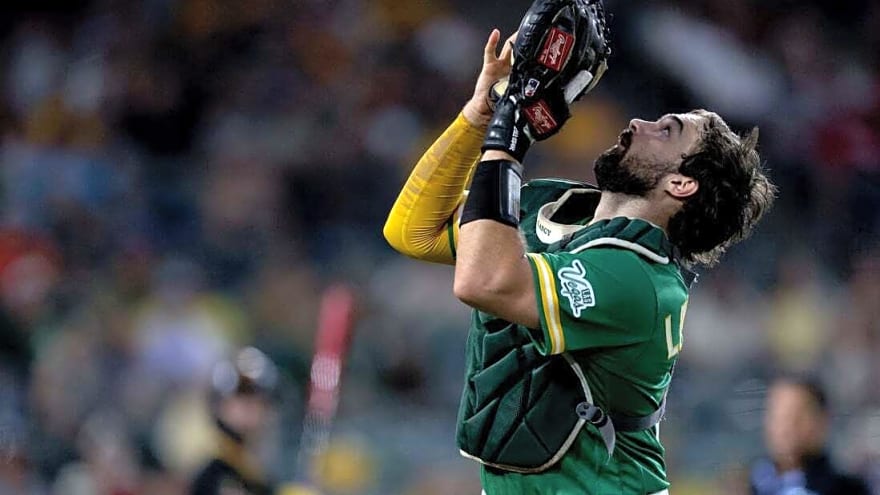 Athletics C Shea Langeliers exits due to left thumb contusion