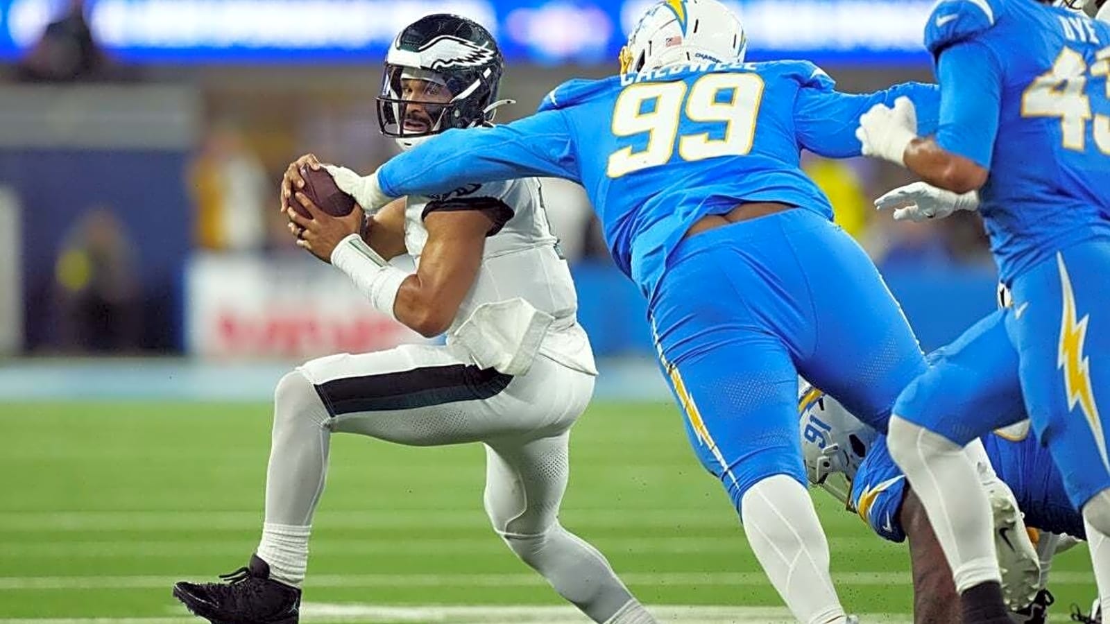 Chargers survive turnover festival to down Eagles in OT