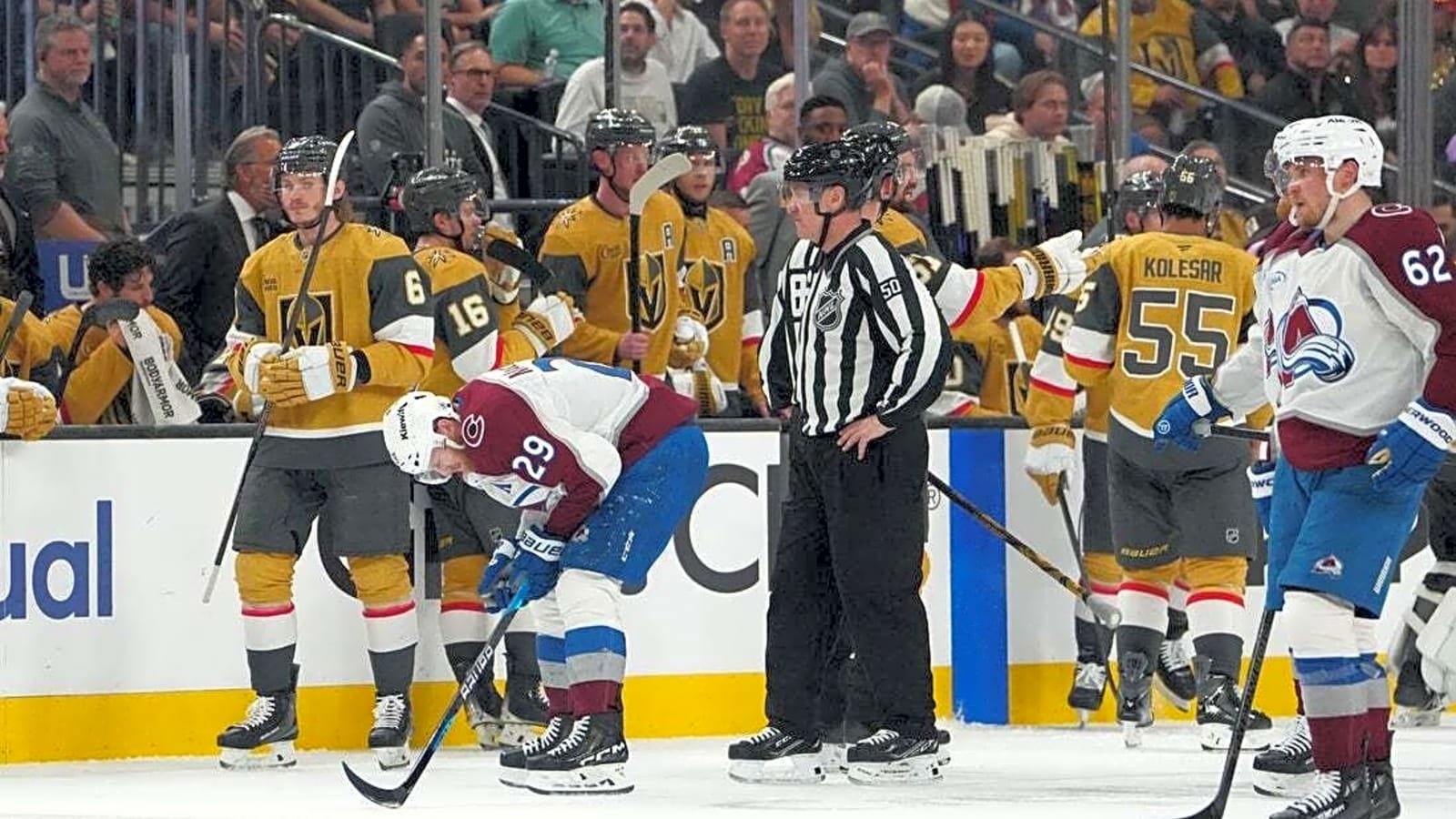 Avs star Nathan MacKinnon limited after taking shot to knee in Game 3