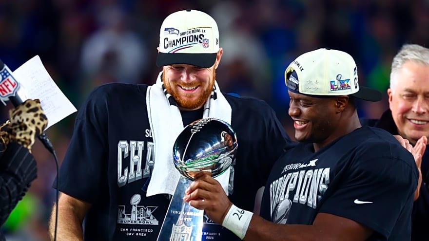 Sam Darnold, Kenneth Walker celebrate Super Bowl win at Disneyland with tea cup ride