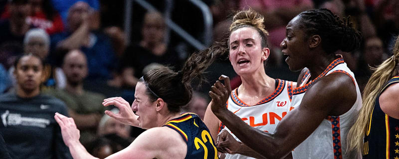 Fever's Clark gets shoved to ground by Sun's Mabrey