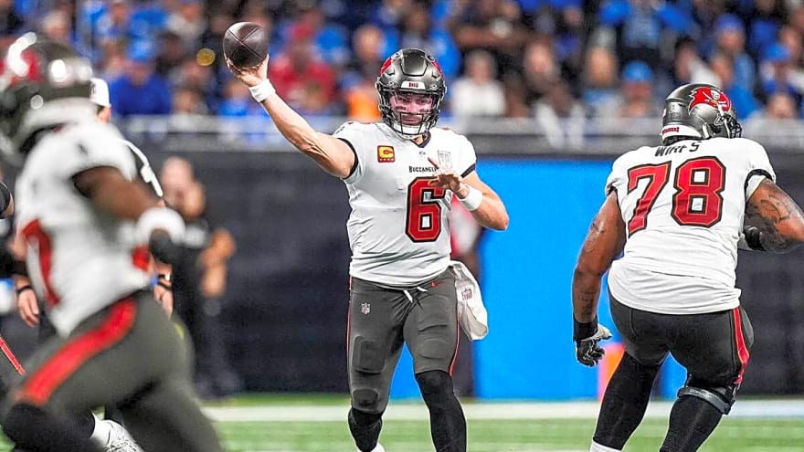 Buccaneers’ Baker Mayfield seen throwing at practice as he attempts Week 13 return from shoulder injury