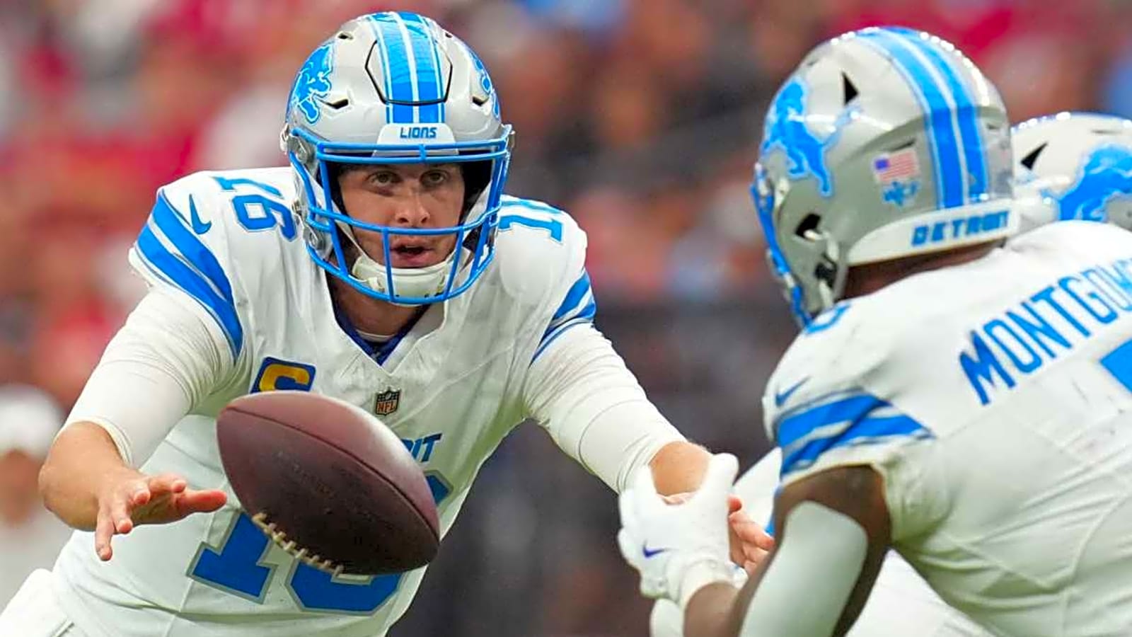 Lions QB Jared Goff reacts to David Montgomery's parting message