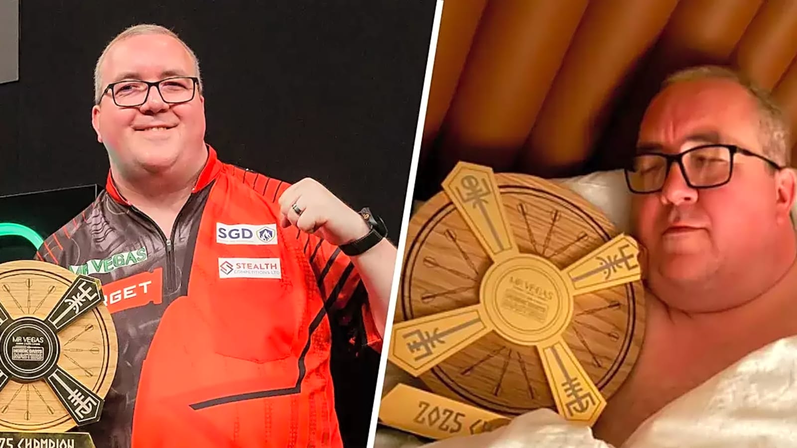 Stephen Bunting celebrates title with traditional striking picture from hotel bed