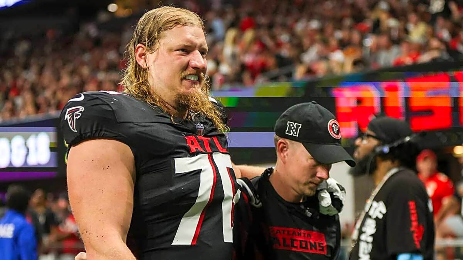 Falcons standout starting tackle carted off field at practice