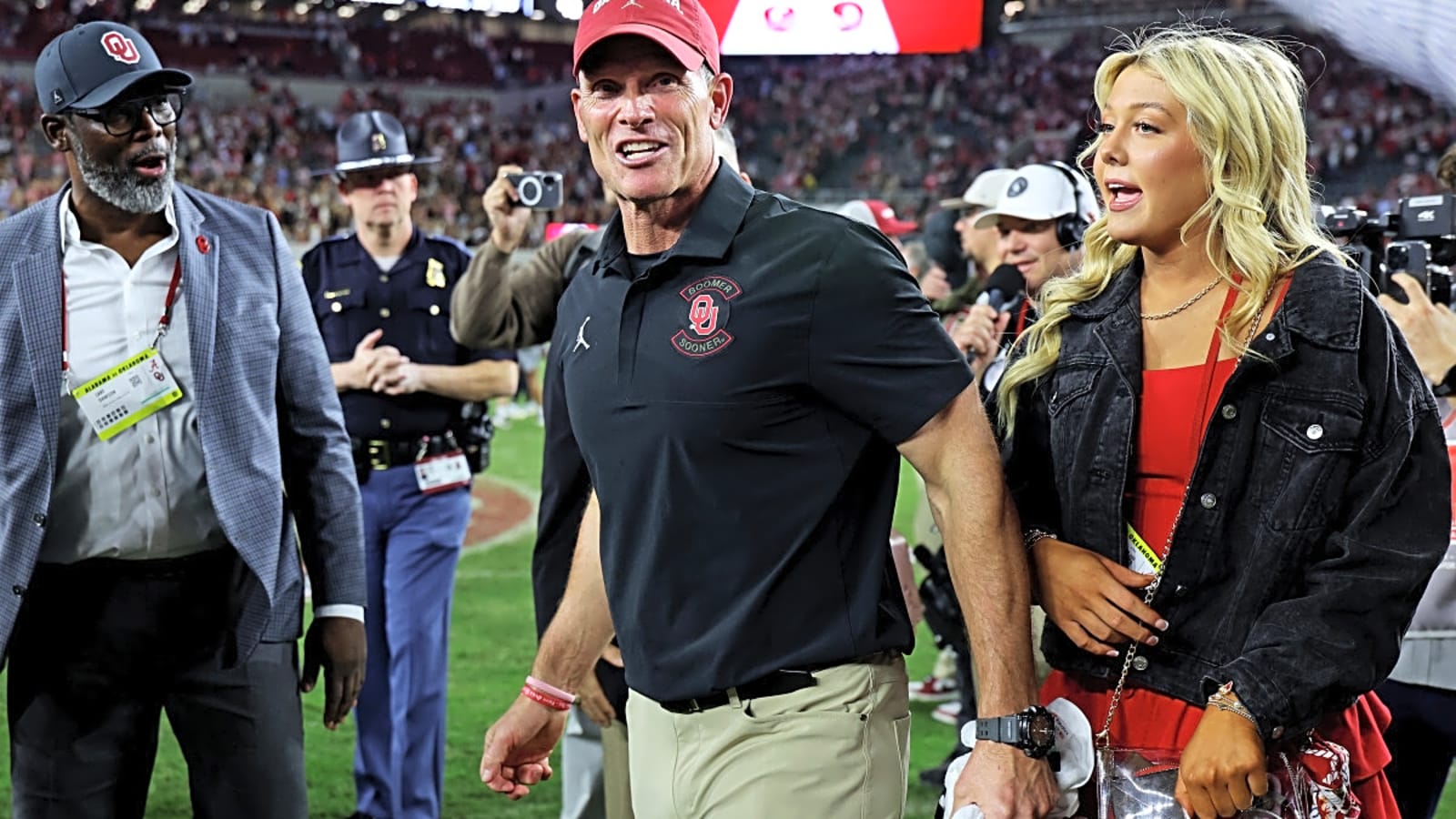 Oklahoma Sooners HC Brent Venables celebrates win over Alabama in the locker room in a way we've never seen from him