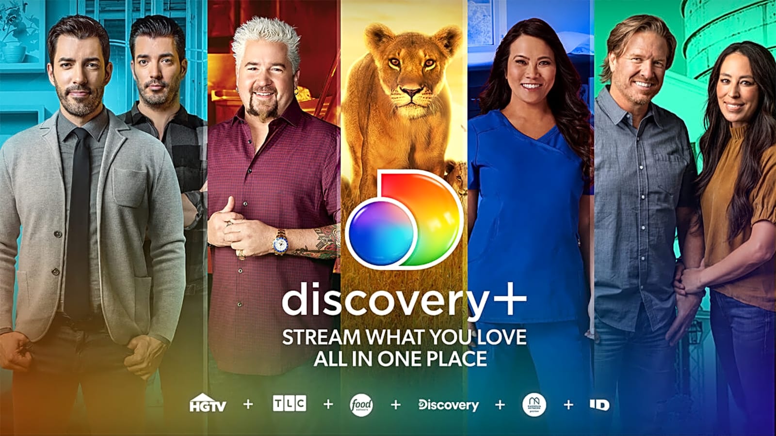 The Discovery Plus logo against a background of images featuring shows and networks available on the Discovery Plus streaming service