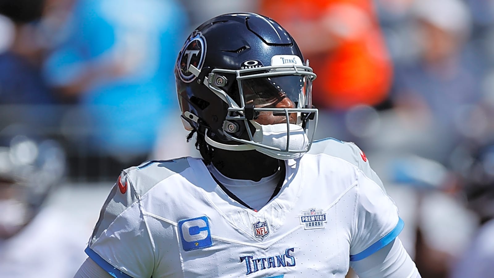 Titans QB Cam Ward reacts to dropped passes in loss to Broncos