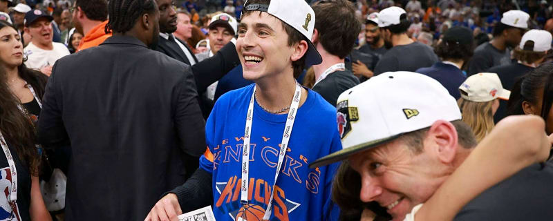 Timothee Chalamet celebrates Knicks championship win in the locker room, gets a champagne shower