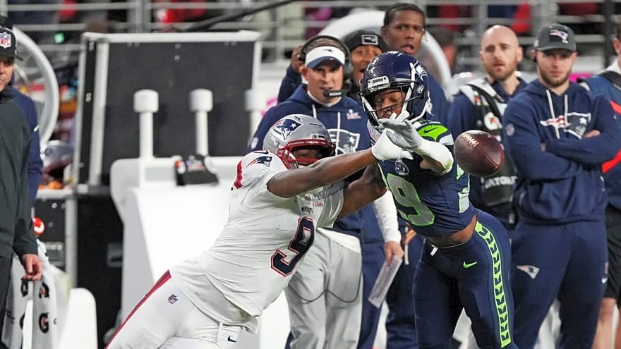 Terry McAulay reacts to fight between Seattle’s Josh Jobe, New England’s Stefon Diggs during Super Bowl LX