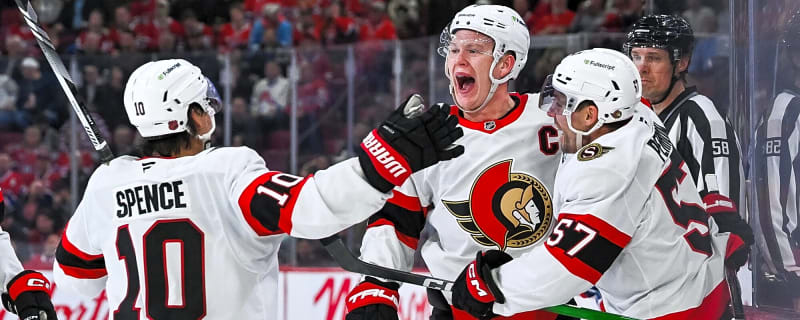 Senators’ Brady Tkachuk pretends to toss puck to Canadiens fan