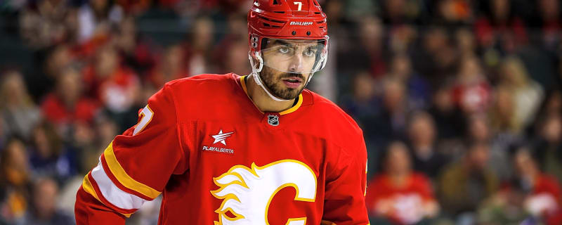 Flames defender Kevin Bahl left Thursday’s game after taking a puck to the head