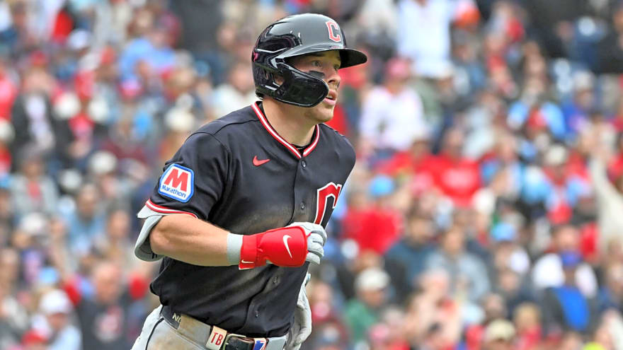 Guardians’ Travis Bazzana gives Jose Ramirez his flowers during ALDS