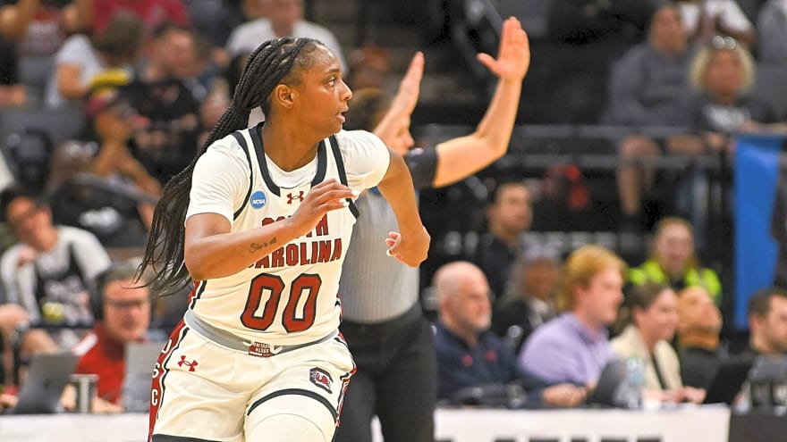 South Carolina women’s basketball coach Dawn Staley’s got jokes for Ta’Niya Latson after Sweet 16 explosion
