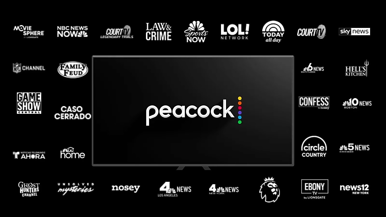 The 2025 Peacock Logo Above The Iconography Of The Peacock Channel List Icons Set Against A Black Background With The 2025 Peacock Logo On A TV In Front