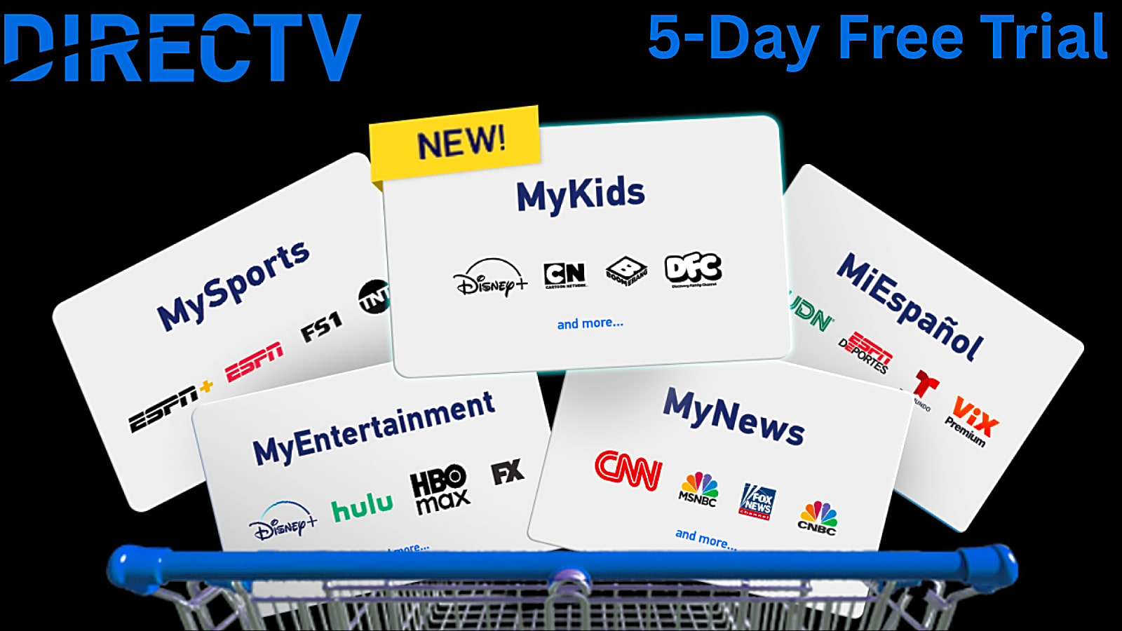 DIRECTV logo and Genre Pack plans available for free trial in shopping cart