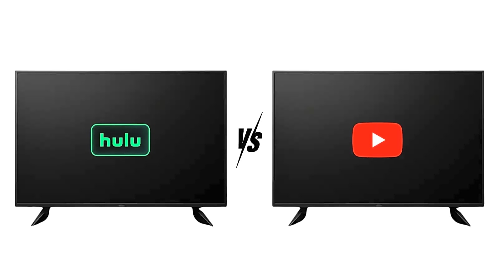 Hulu and YouTube TV logos side by side on black flat screen TV screens against a white background