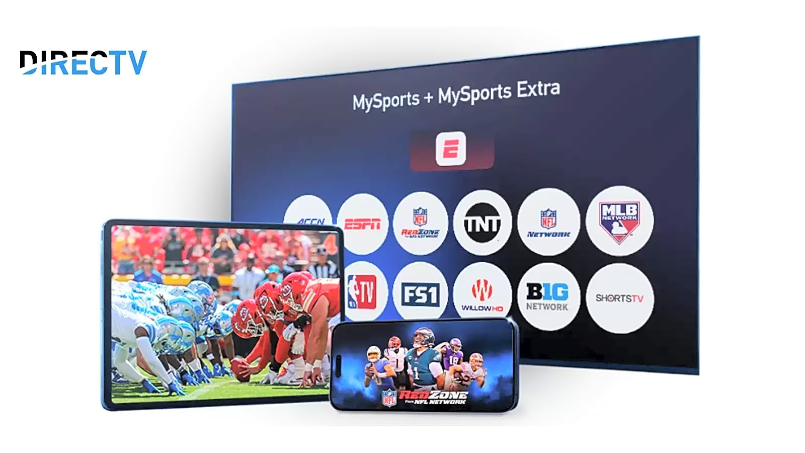 DIRECTV MySports and MySports Extra streaming setup showing ESPN, NFL Network, MLB Network, FS1, and other sports channels across TV, tablet, and smartphone devices for Bring Your Own Device streaming.