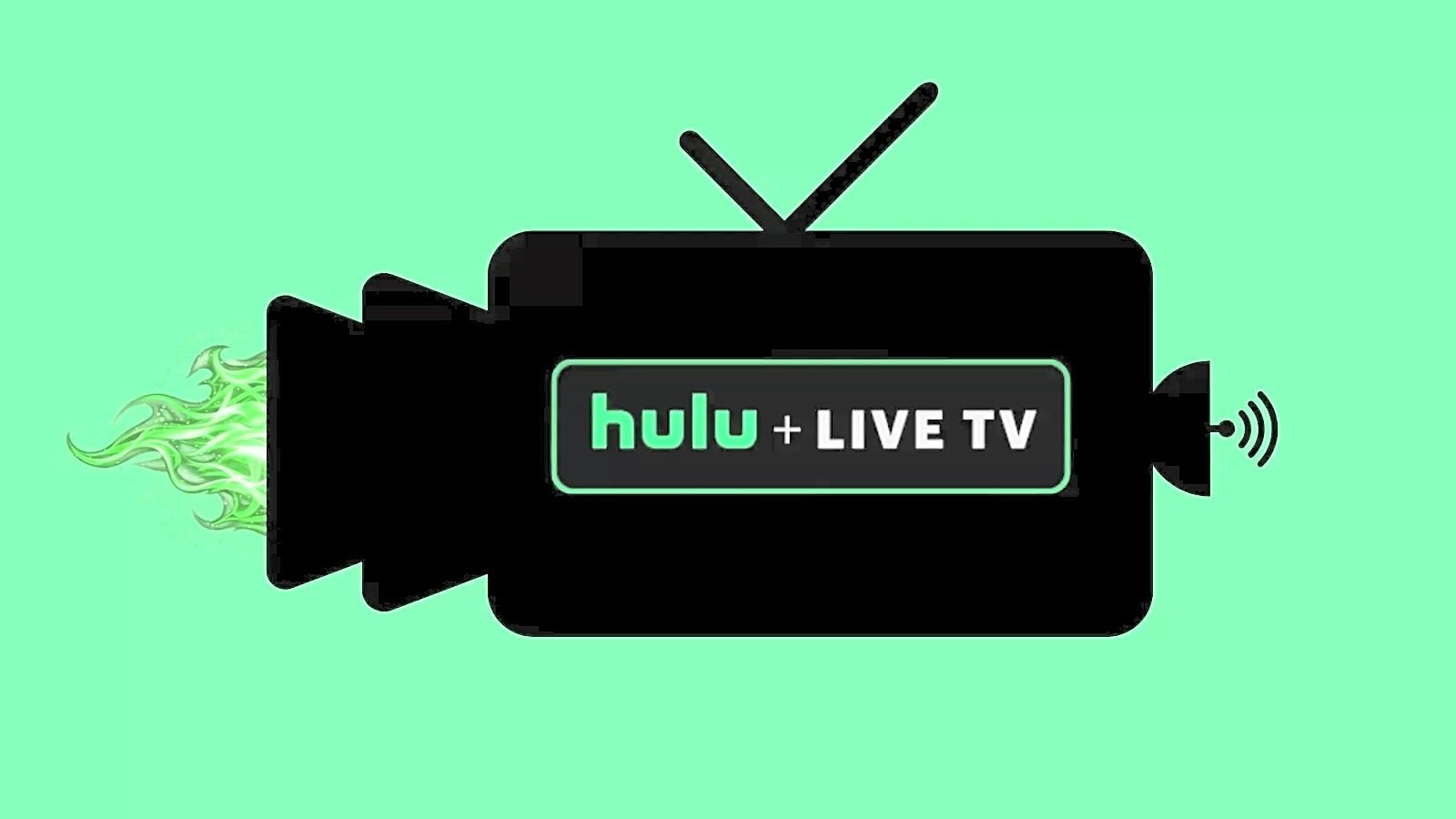 A fun graphic of the Hulu + Live TV logo on a TV with green flames coming out the back of the apparatus