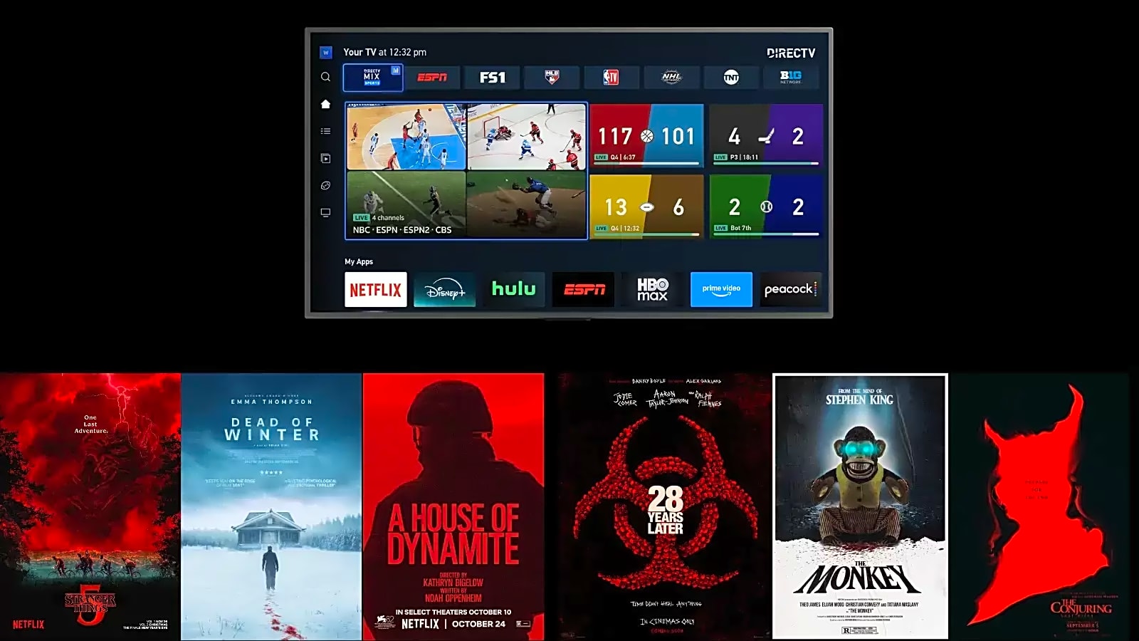 DIRECTV TV display above six movie posters on a black background: Stranger Things 5, Dead of Winter, A House of Dynamite, 28 Years Later, The Monkey, and The Conjuring featured as being in DIRECTV’s December 2025 must-watch lineup.