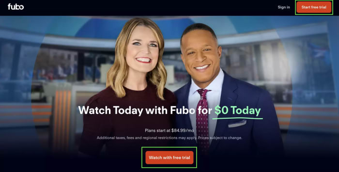Fubo TV Free Trial Home Page With Watch With Free Trial Highlighted