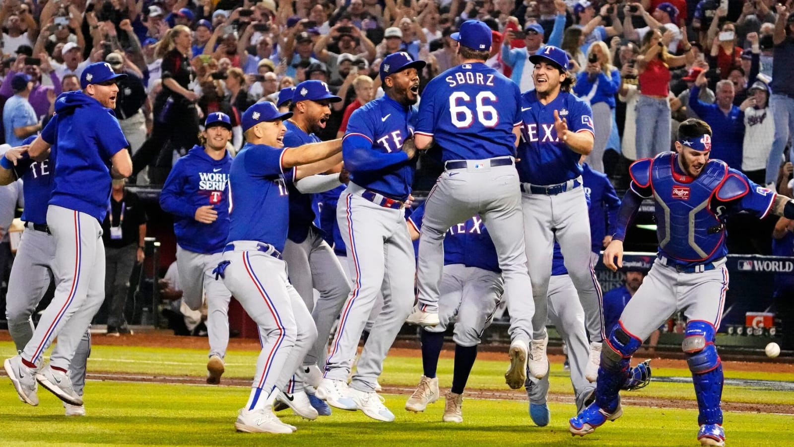 Rangers congratulated by their good luck charm after World Series win
