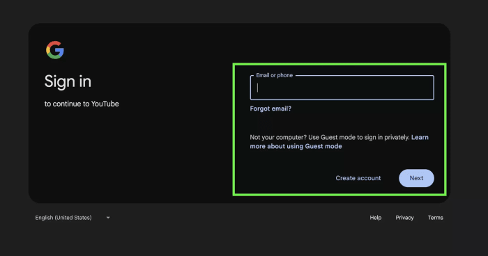 Gmail Login Page With Green Box Around Segment For Entering Credentials
