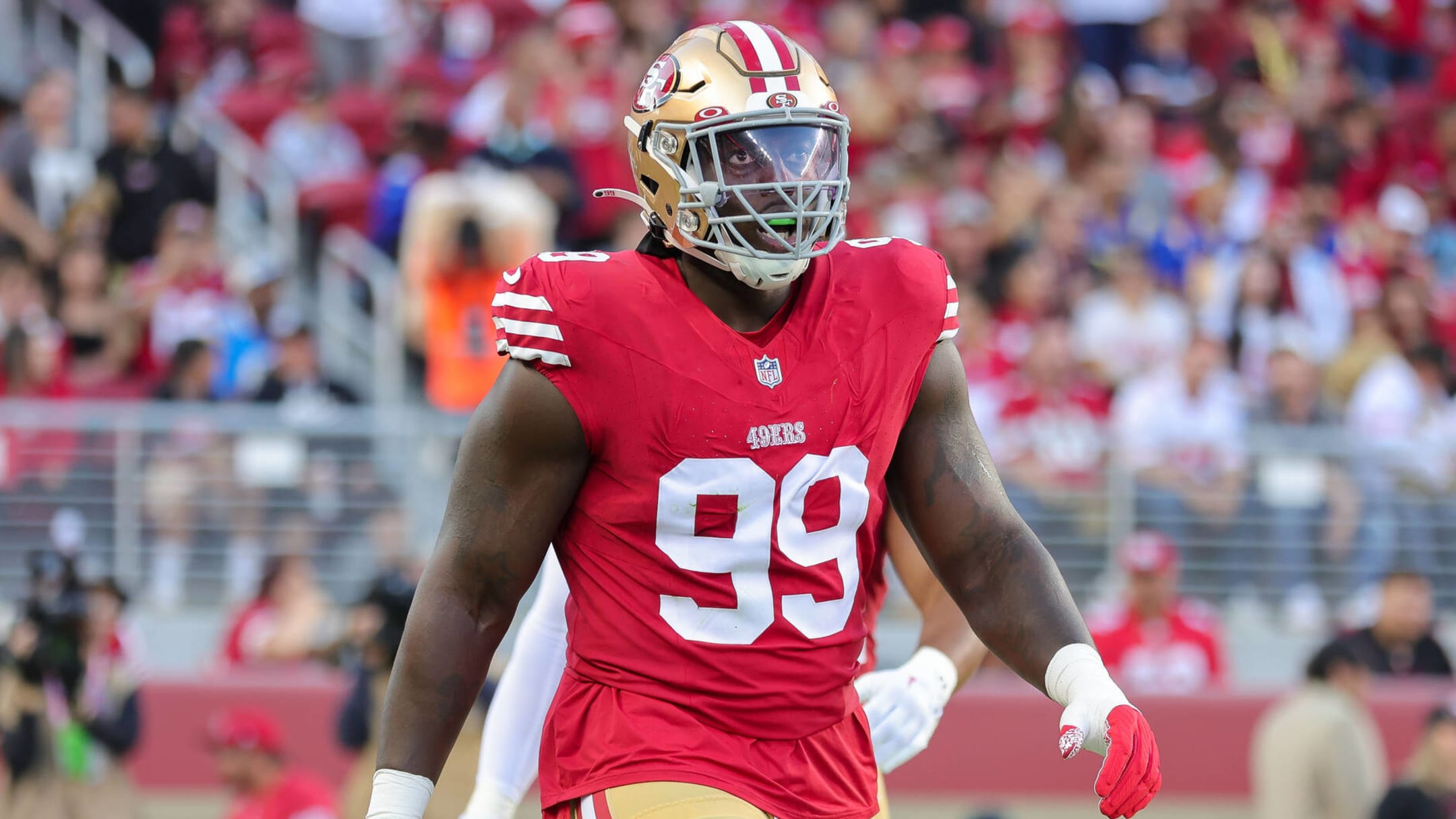 San Francisco 49ers Javon Kinlaw (99) reacts during an NFL