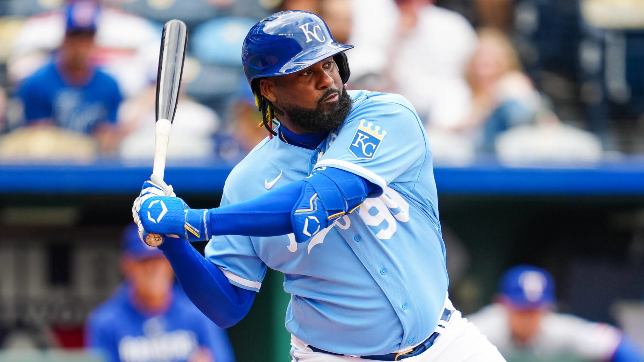 Franmil Reyes of the Kansas City Royals hits against the Texas