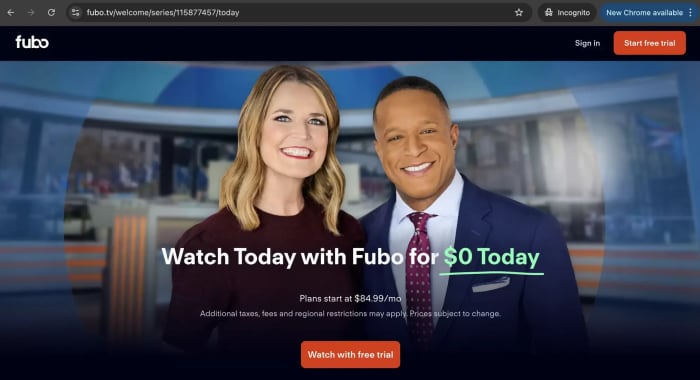 Screen capture of the Fubo TV main home page