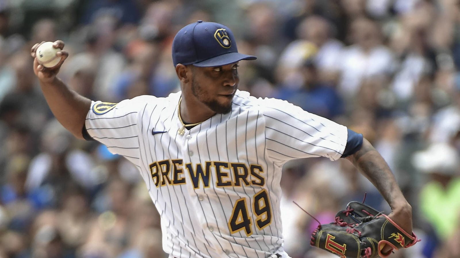 Julio Teheran of the Milwaukee Brewers pitches during the first