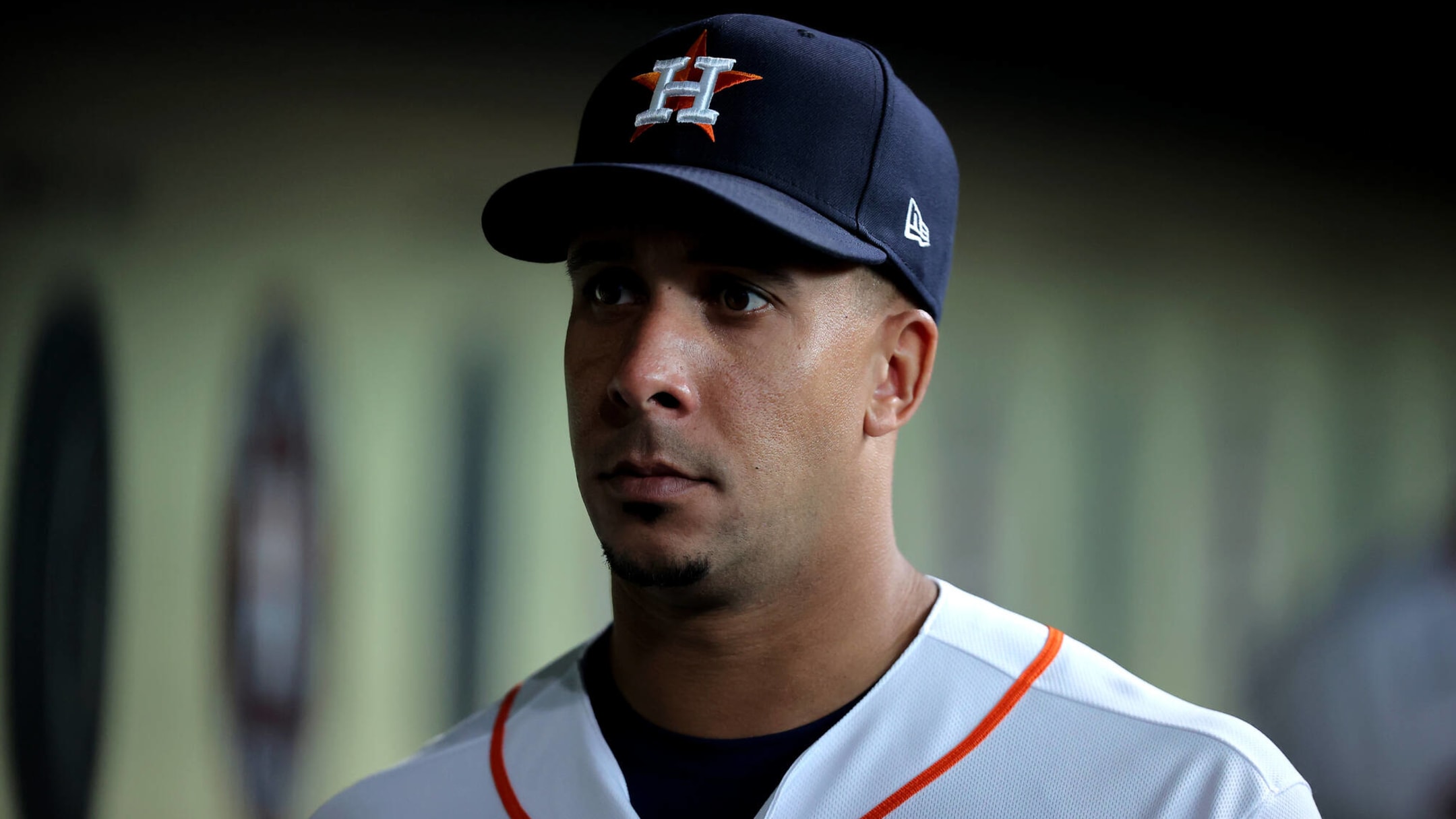 Astros' Michael Brantley takes batting practice on field