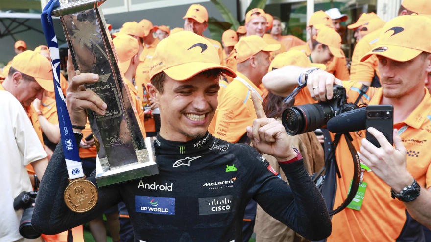 Watch: Lewis Hamilton celebrates Lando Norris’ milestone win at Miami with a wholesome gesture