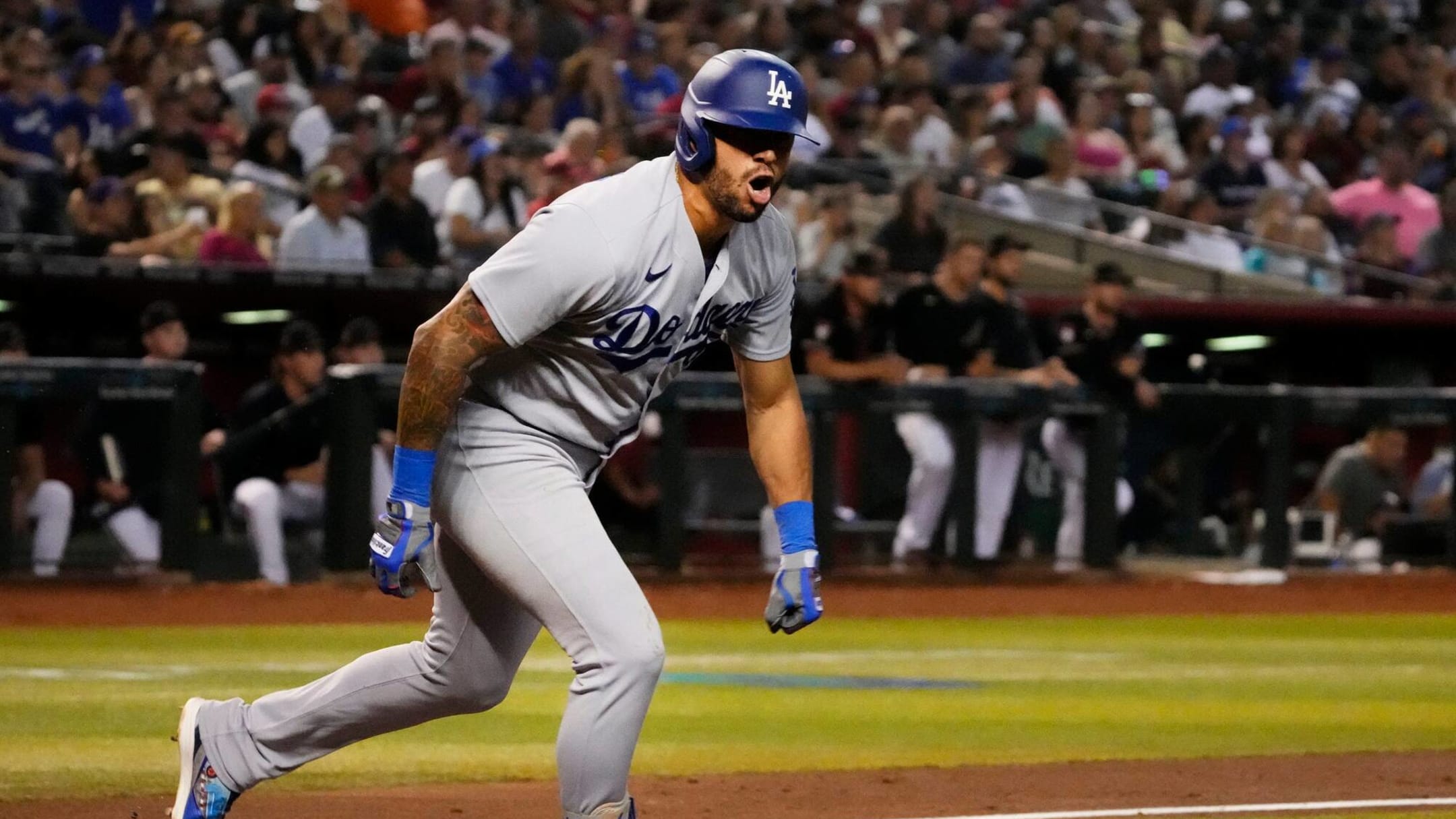 Los Angeles Dodgers manager Dave Roberts reacts as Kansas City