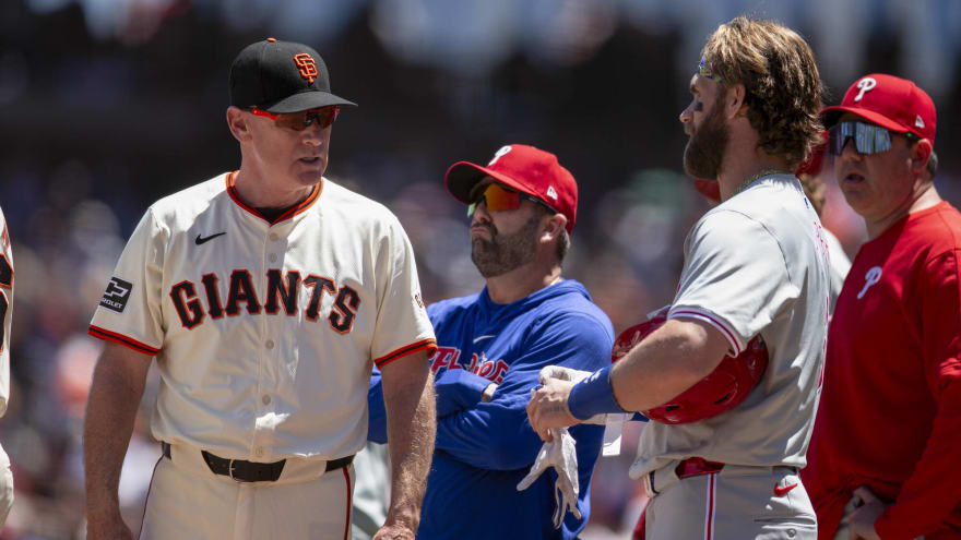 Watch: Benches clear after Giants buzz Bryce Harper