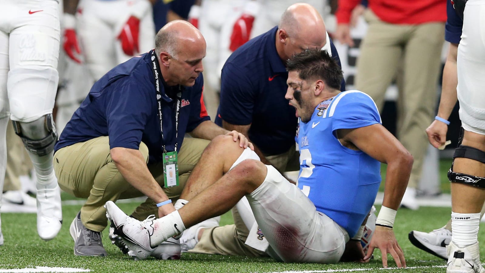 Matt Corral carted off with injury suffered in Sugar Bowl