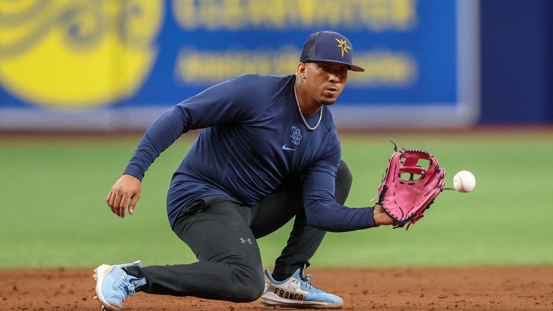 Tampa Bay Rays shortstop Wander Franco fields a ground ball out