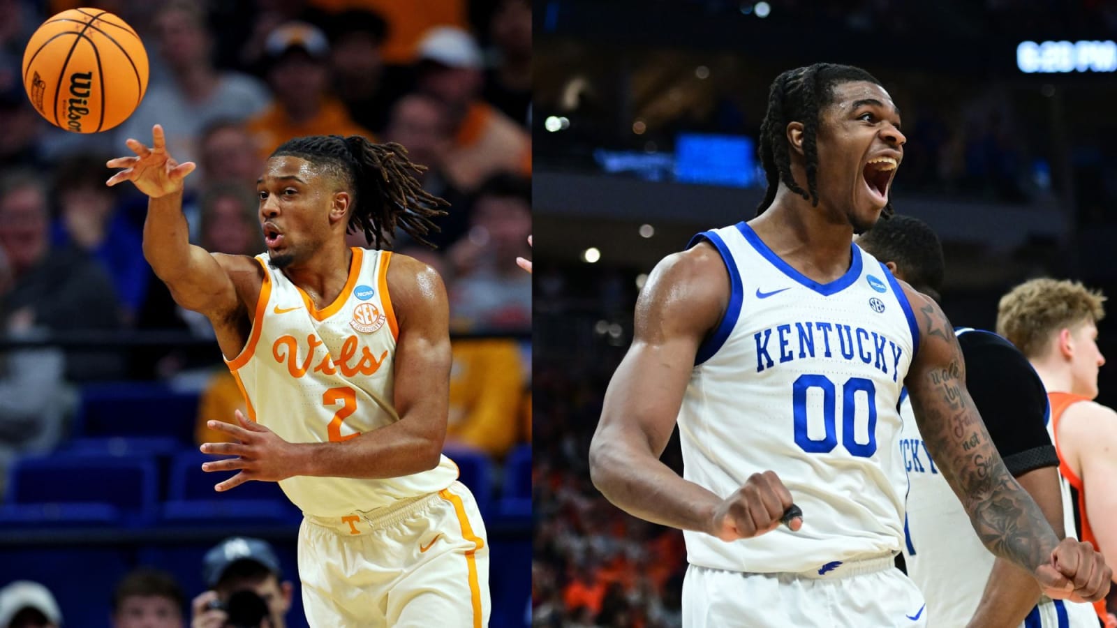 Tennessee guard Chaz Lanier (left) passes under pressure as Kentucky guard Otega Oweh (right) reacts during NCAA second-round play