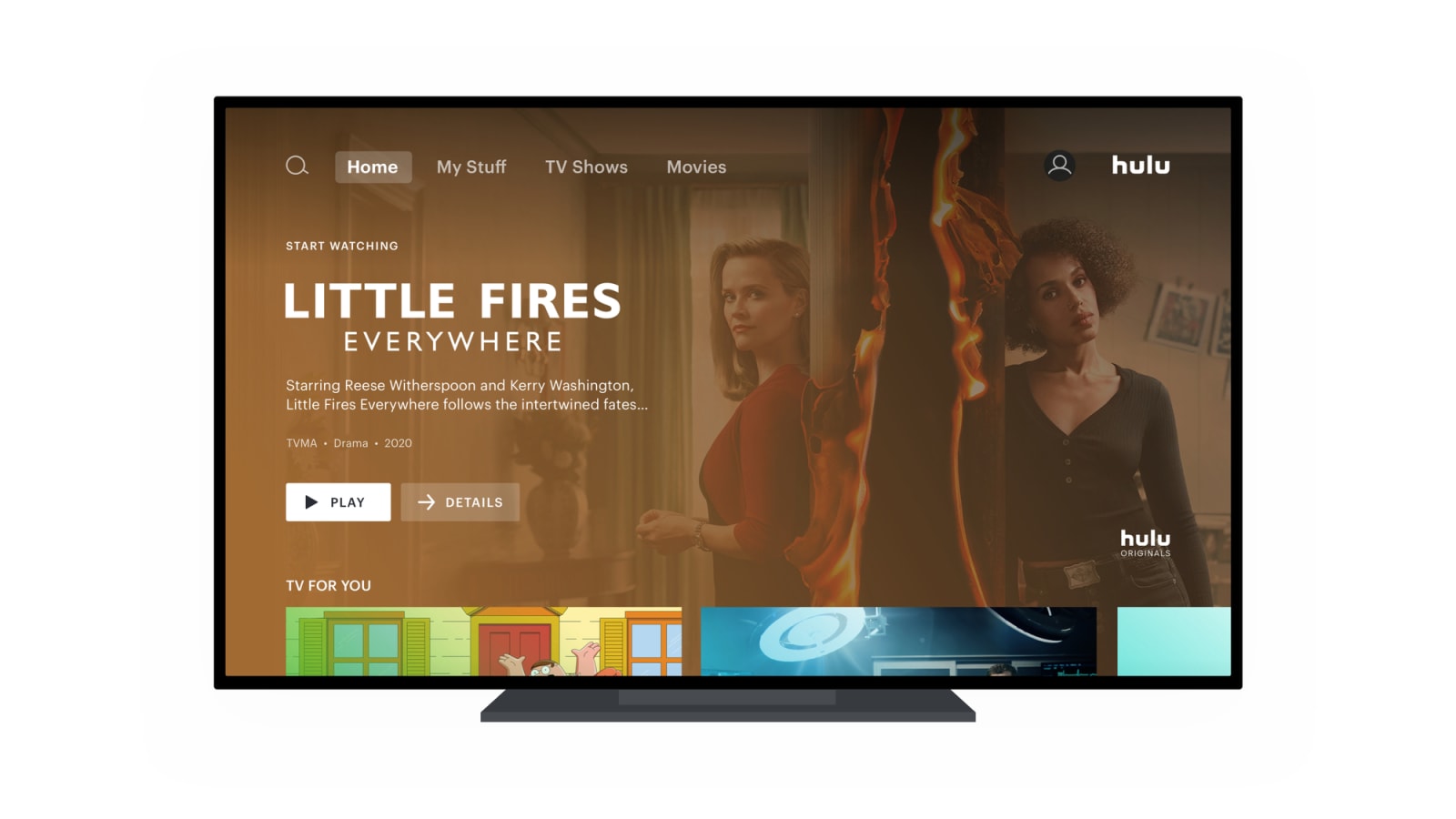 Hulu home screen on TV with white backdrop