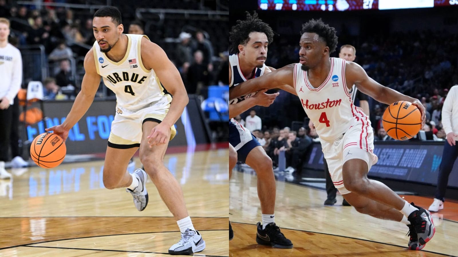 Purdue's Trey Kaufman-Renn warms up (Left) and Houston's L.J. Cryer drives vs. Nembhard (right)